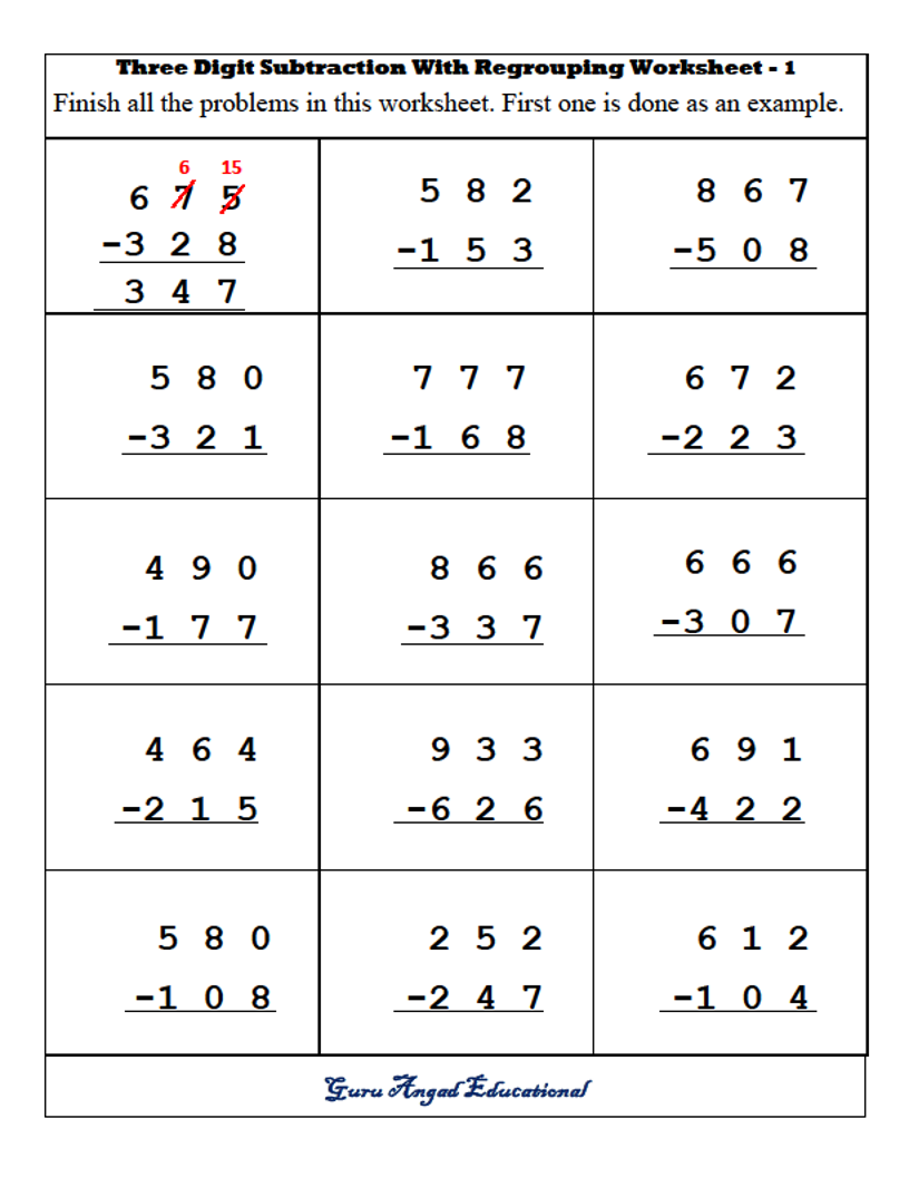 Subtraction 3 Digits Without Regrouping Worksheets