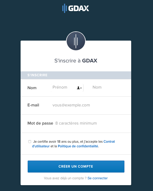 Menu d'inscription sur GDAX