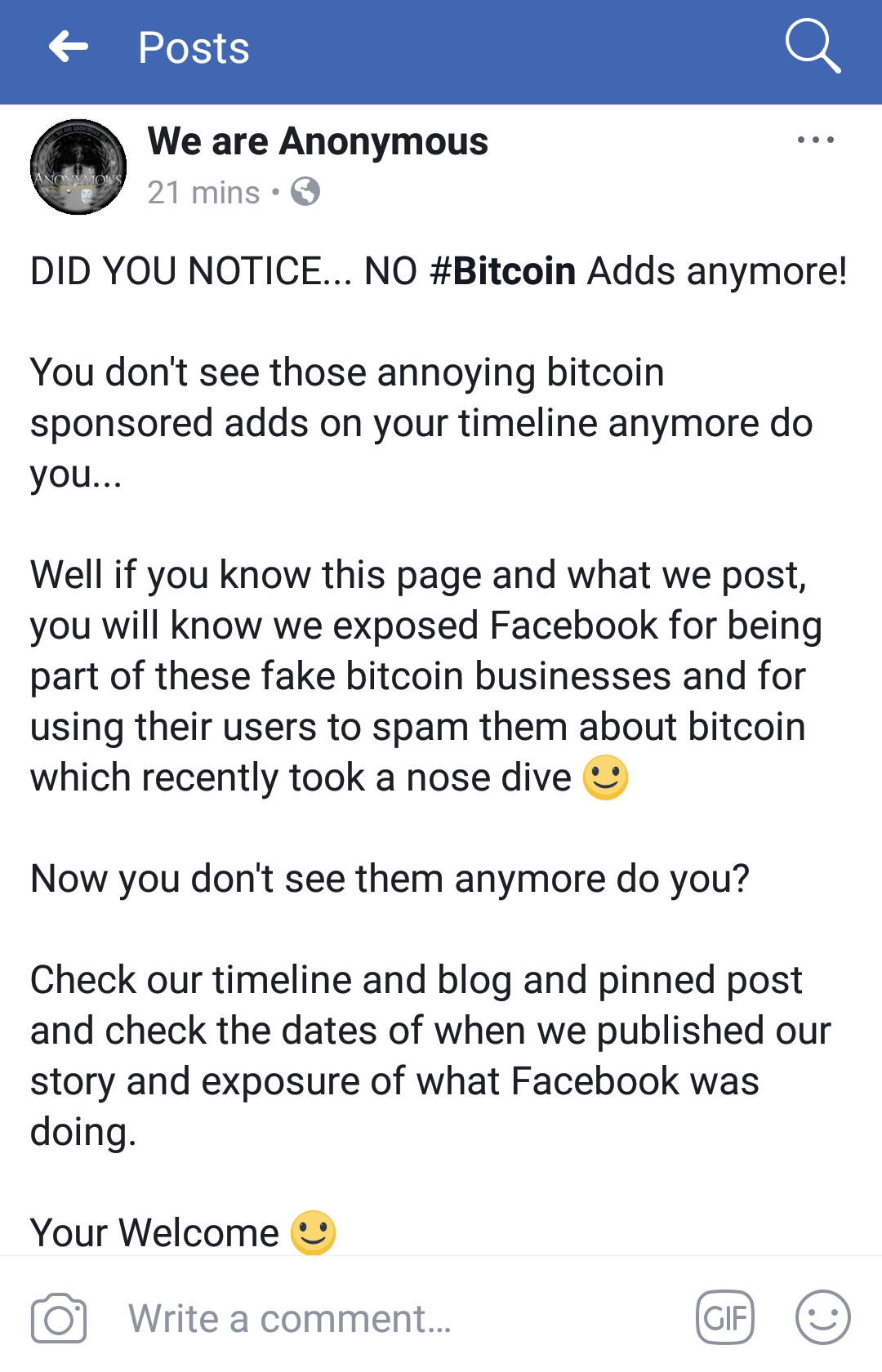 We Are Anonymous Posts (Whines) on Facebook about Bitcoin — Steemit