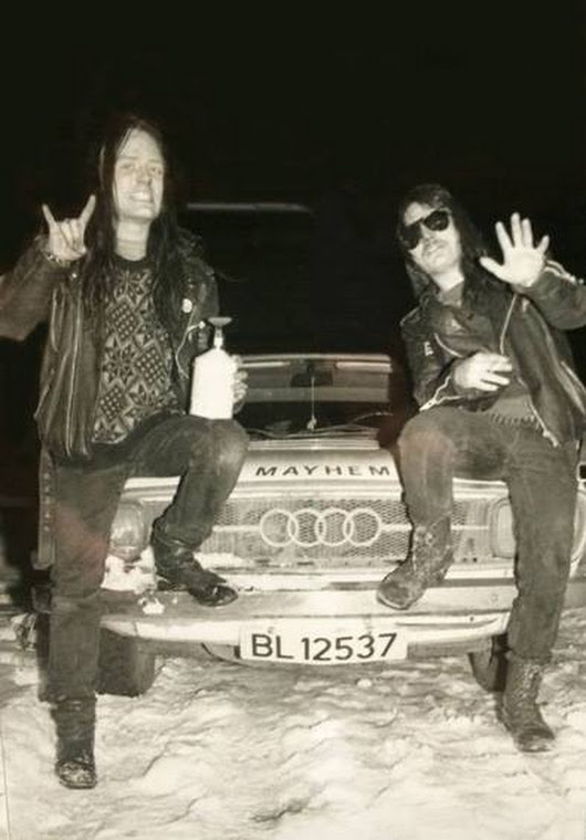 Euronymous and Necrobutcher near with Euronymous car 1987.jpg