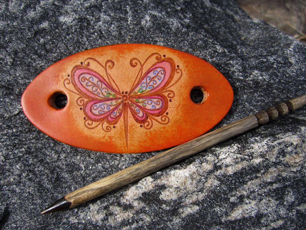 Butterfly Leather Barrette with Wooden Stick Pyrography 1f.jpg
