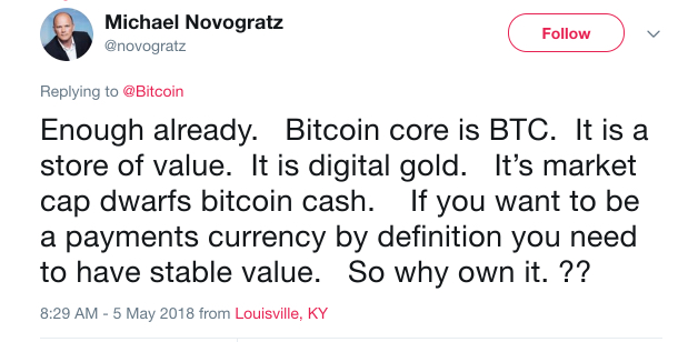 Michael Novogratz on Twitter Enough already. Bitcoin core is BTC. It is a store of value. It is digital gold. It’s market cap… 18-05-18 12-49-53.jpg