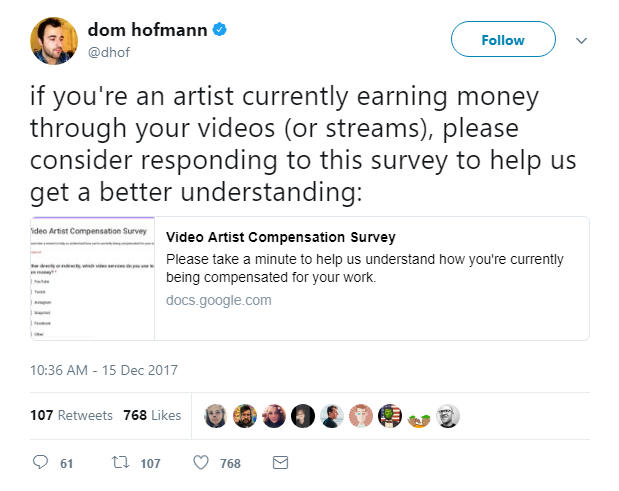 dom hofmann on Twitter   if you re an artist currently earning money through your videos  or streams   please consider responding to this survey to help us get a bet… https   t co d2YRus0dYU .png