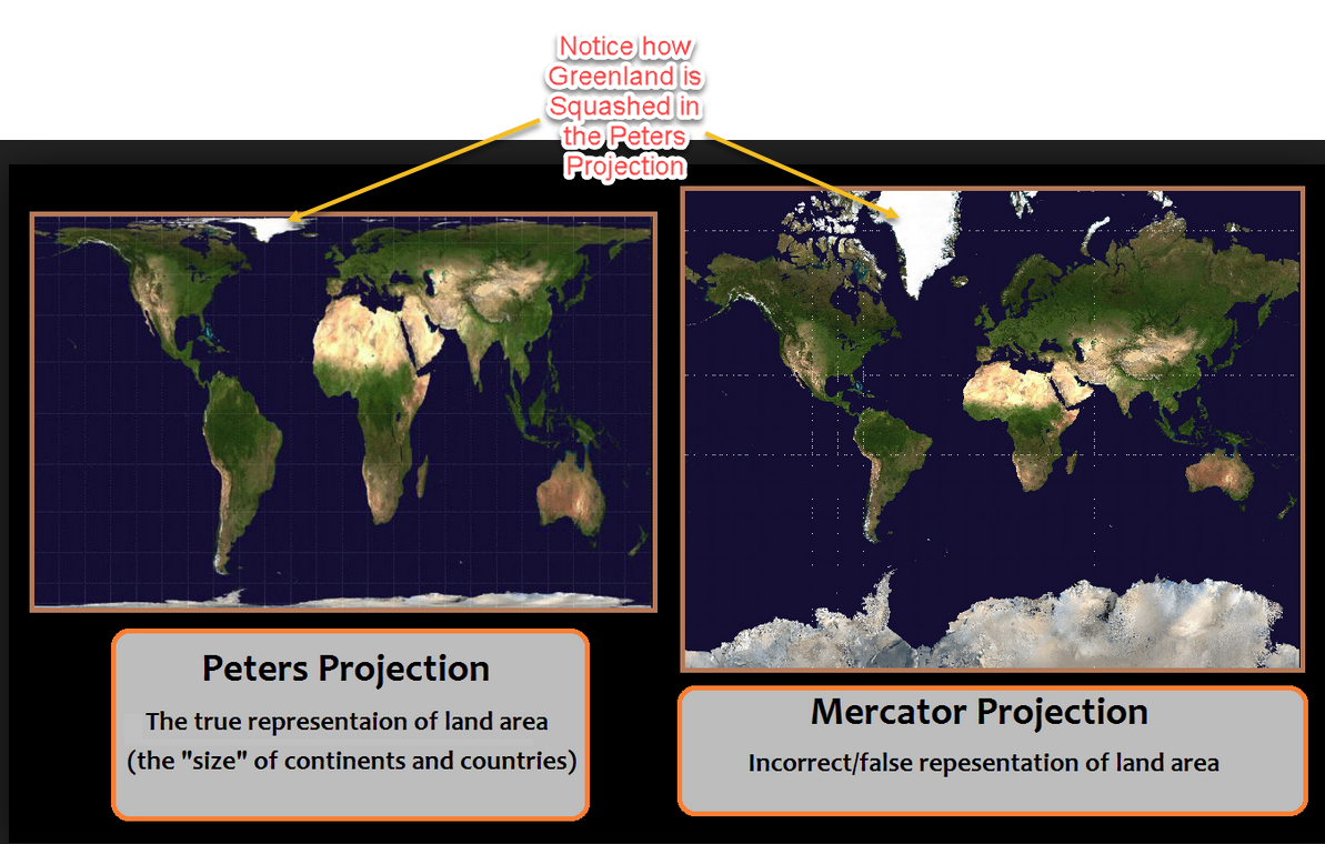 Comparing the worlds. Проекция Меркатора и проекция Петерса. Карта проекции Галла Петерса.