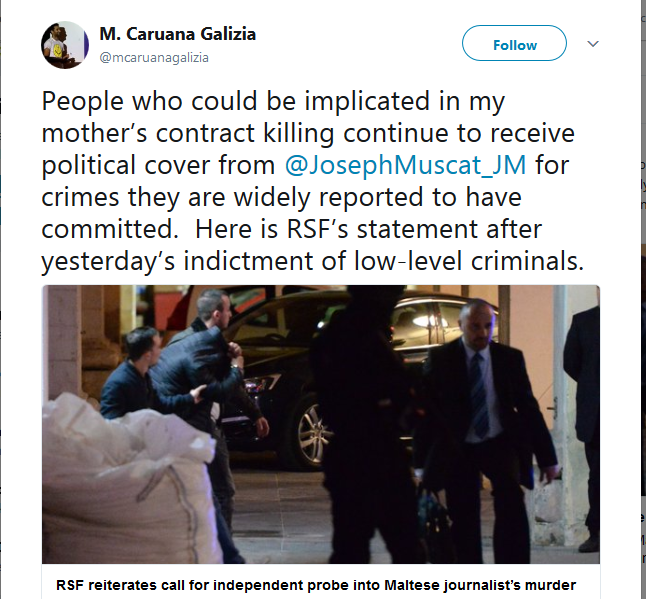 M. Caruana Galizia on Twitter   People who could be implicated in my mother’s contract killing continue to receive political cover from  JosephMuscat_JM for crimes they are… https   t.co Is0KGPb1GK .png