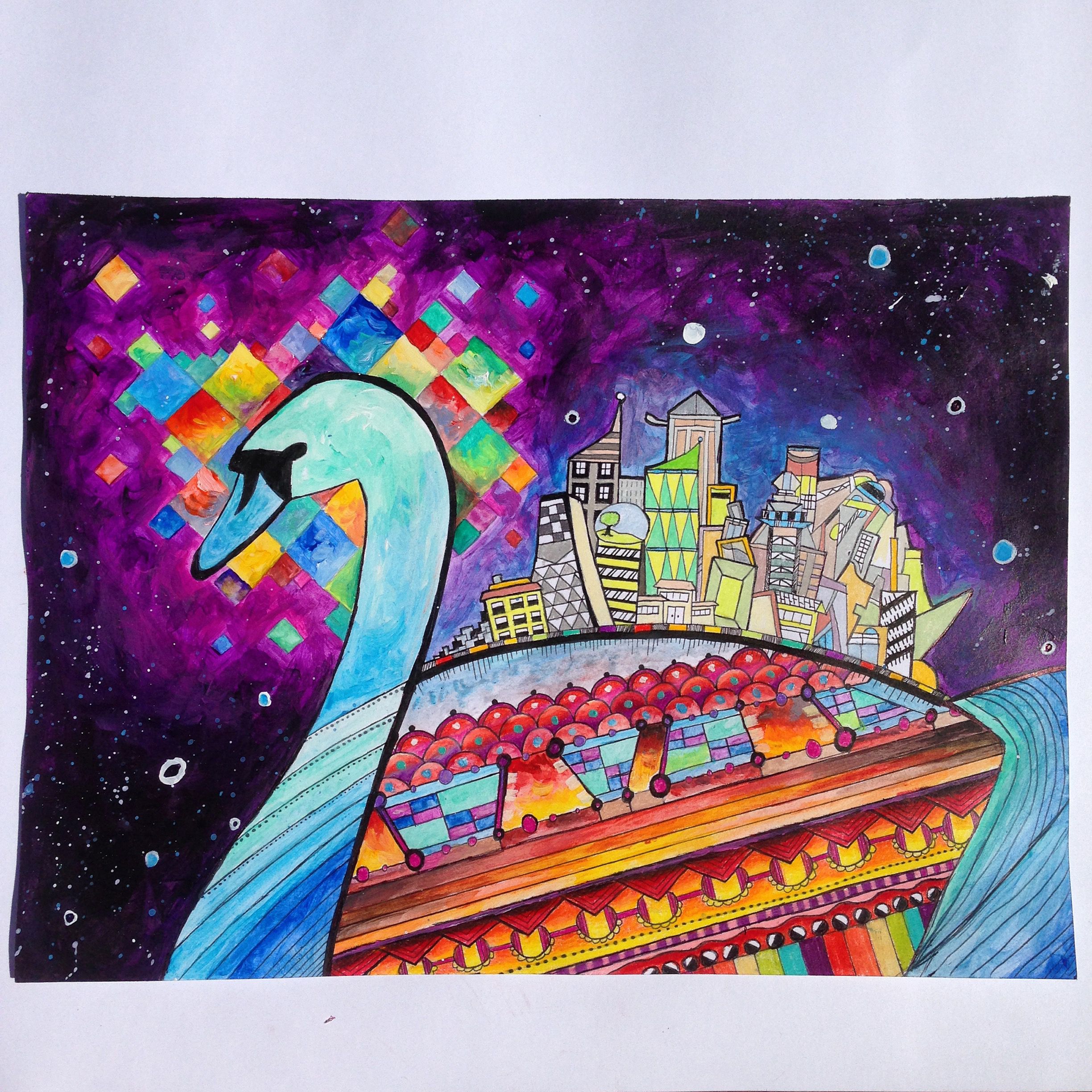 Colorful Geometric Vibrant Swan Mixed Media Acrylic Paint Art.JPG