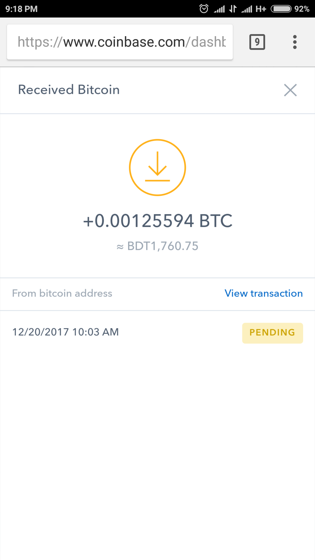 bitcoin payment pending