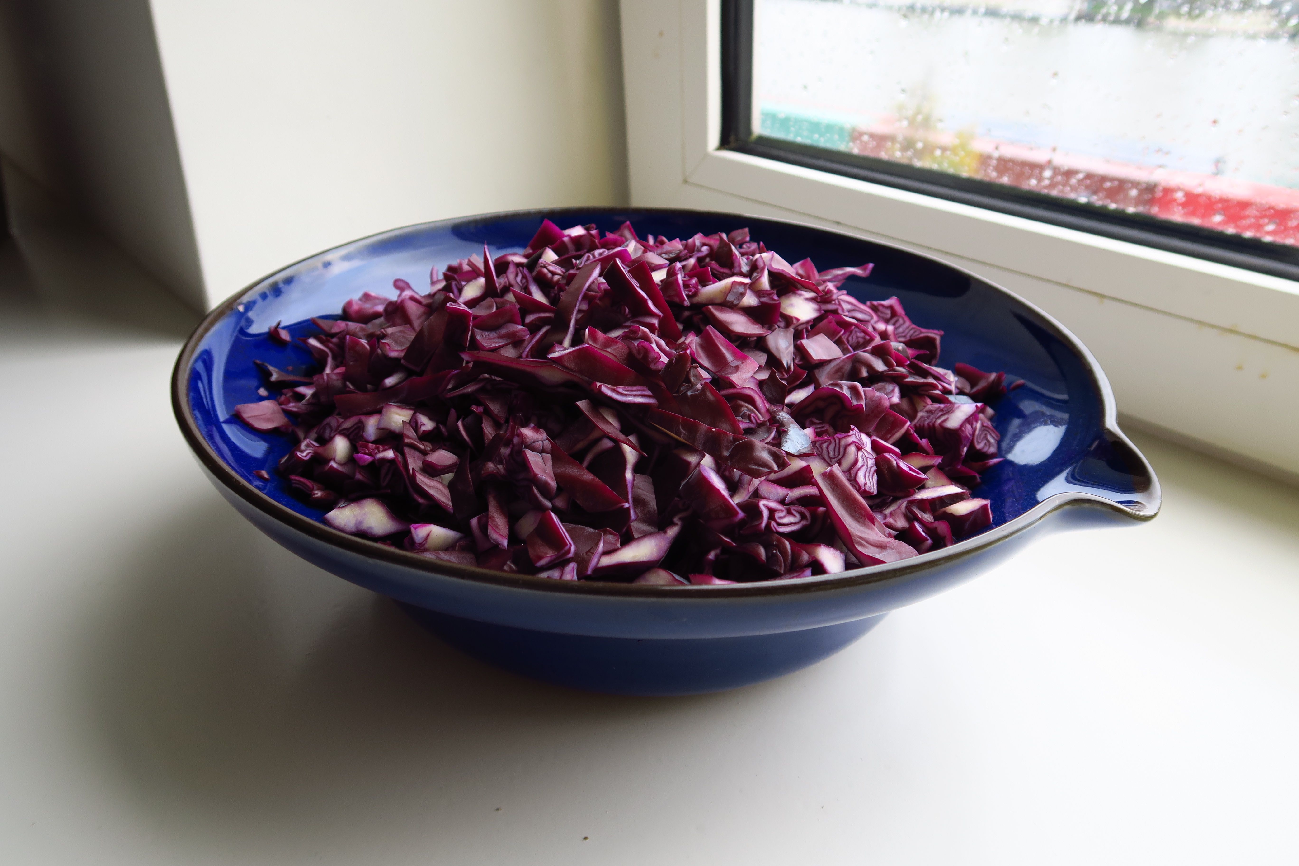 red cabbage chopped ready for fermentation.JPG