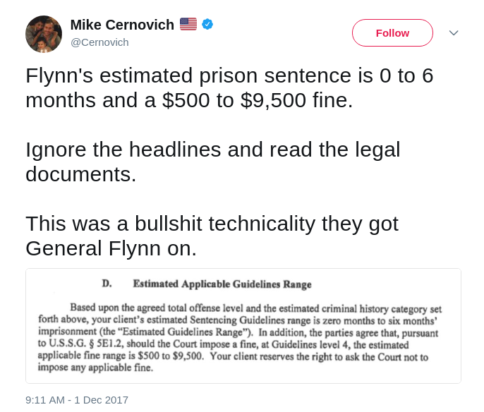 Mike Cernovich ?? on Twitter: "Flynn's estimated prison sentence is 0 to 6 months and a $500 to $9,500 fine. Ignore the headlines and read the legal documents. This was… https:--t.co-iFsgVWvAV8" - Chromium_002.png