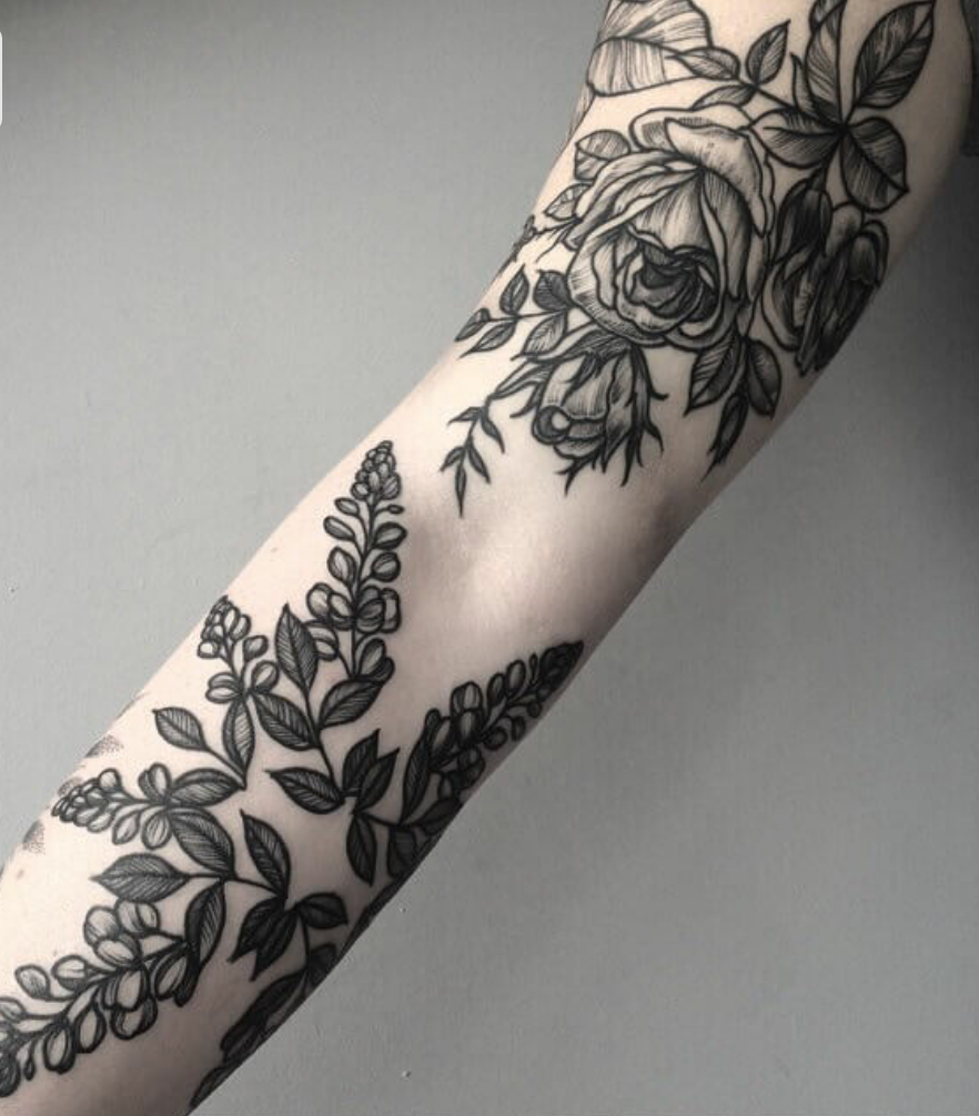 black and white rose tattoo sleeve