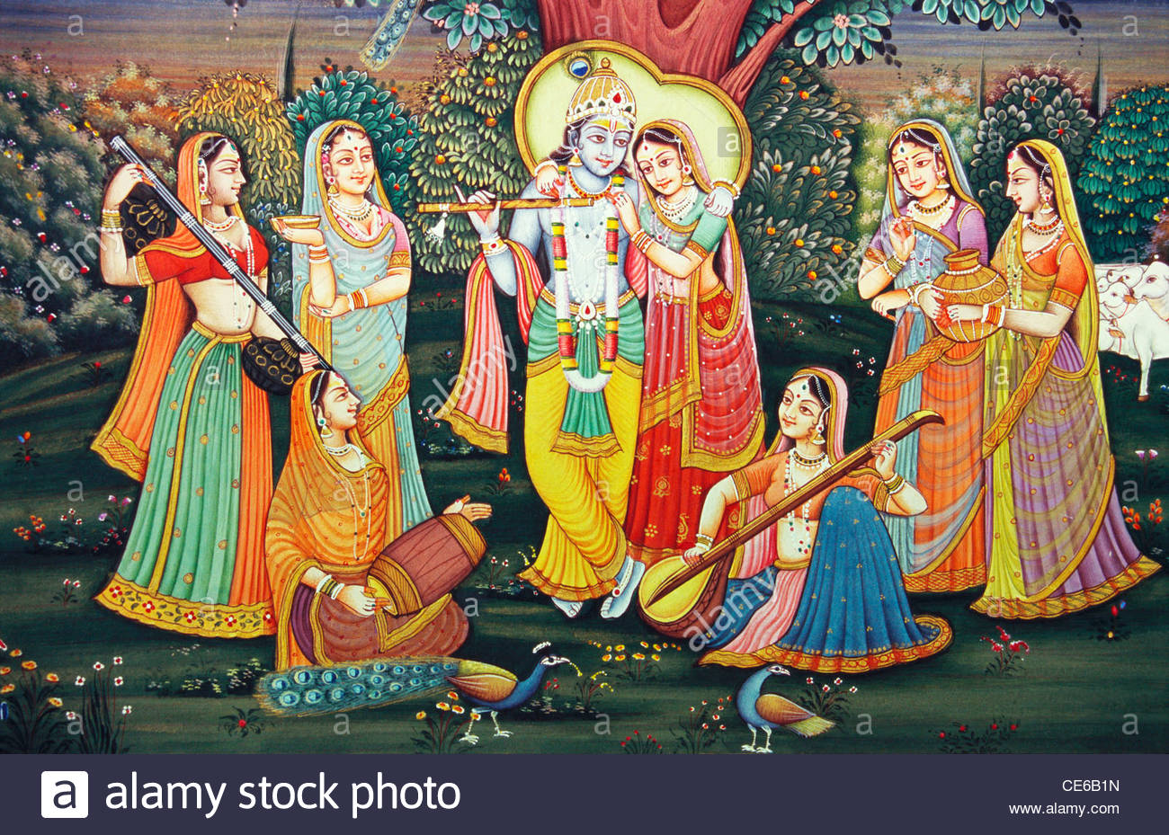 radha-krishna-in-garden-with-gopis-sakhis-playing-musical-instruments-CE6B1N.jpg