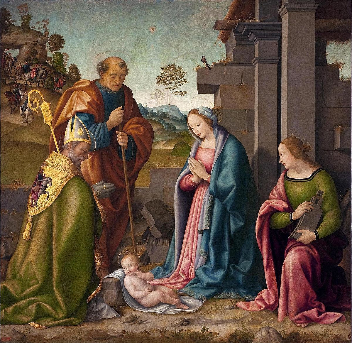 4_Botticini_Raffaello_adoration_of_the_Christ_Child_with_st_Barbara_and_st_Martin._172x175cm,_1512._The_State_Hermitage_Museum,_St._Petersburg.jpg