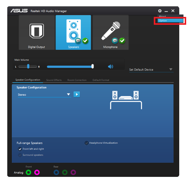 asus realtek hd audio manager enable all speakers in 5.1