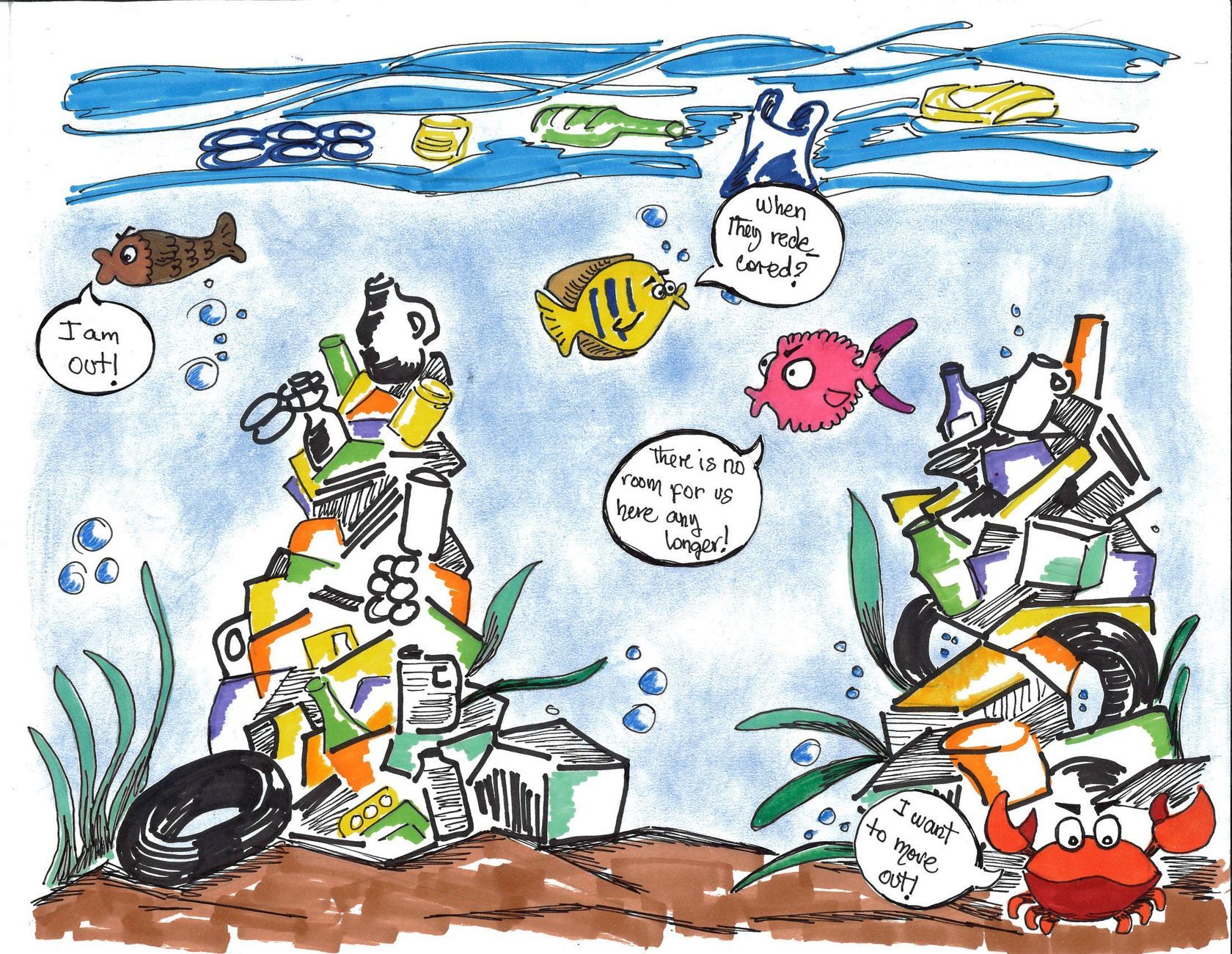 Sea Animals Stuck In Plastic Drawing