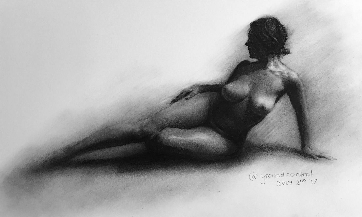 Nude Female Original Charcoal Drawing Figure Naked Woman Sitting Tense Pose Bin