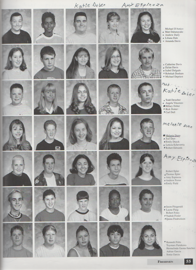 2000-2001 FGHS Yearbook Page 55 Dylan Davis, Rebekah Denham, Catherine Davis, Katie Hillary Dober, Melanie Dunn, Amy Espinoza, Layne Flaig.png