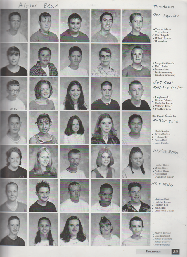 2000-2001 FGHS Yearbook Page 53 Joey Arnold, Thomas Tom Adams, Dan Aguilar, Kathleen Bare, Nick Becker, Jazmin Barbosa, Ronnie Bell, Christina Beaty, Kristine Bahsen, Alyson Bean.png