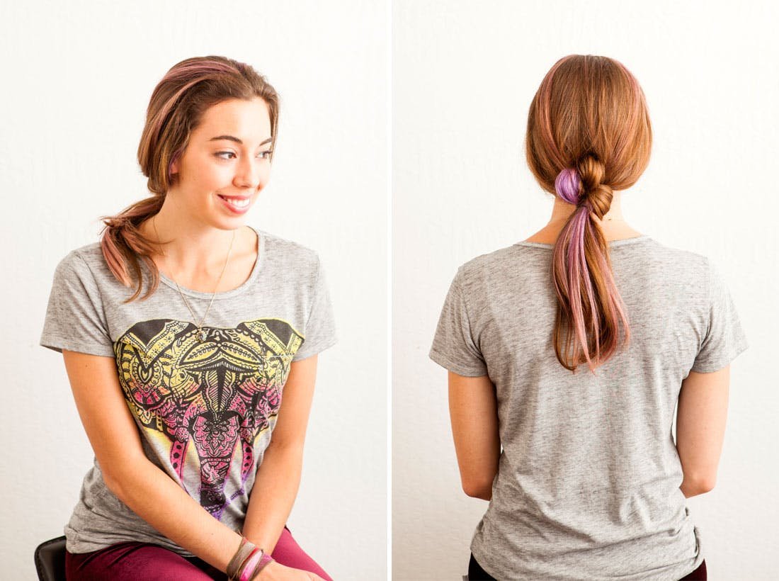 Волосы завязываются в узелки. Хвостик без резинки. Волосы завязываются в узелки. Девушка с веревкой в руках. Волосы завязываются в узелки.