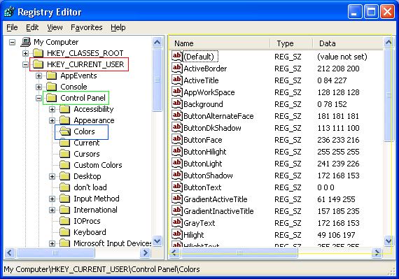 Current user control panel colors. Registry Editor. Regedit target is not Windows later 2000.