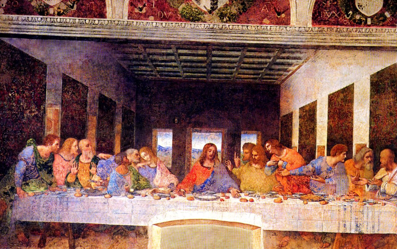 Время тайной вечери. Тайная вечеря (1498), Леонардо да Винчи. Фреска Тайная вечеря Леонардо да Винчи. Фреска Леонардо да Винчи "Тайная  вечеря" в трапезной.