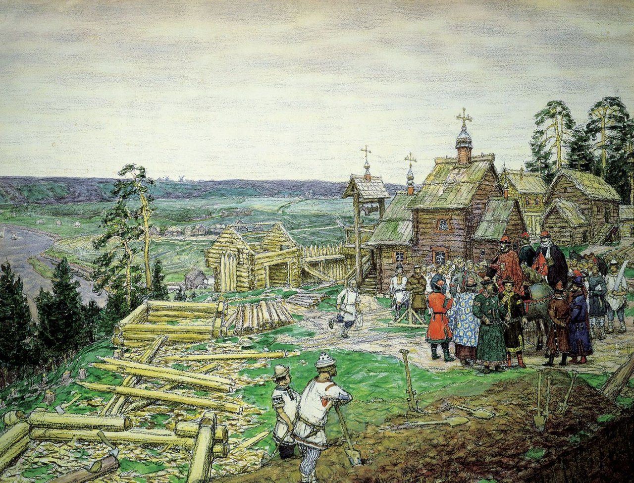 Столица древнерусского. Московский Кремль. 1897. Васнецов Аполлинарий Михайлович. Аполлинарий Васнецов двор удельного князя. Основание Москвы 1147 Юрием Долгоруким. Постройка Кремля Юрием Долгоруким Васнецов.