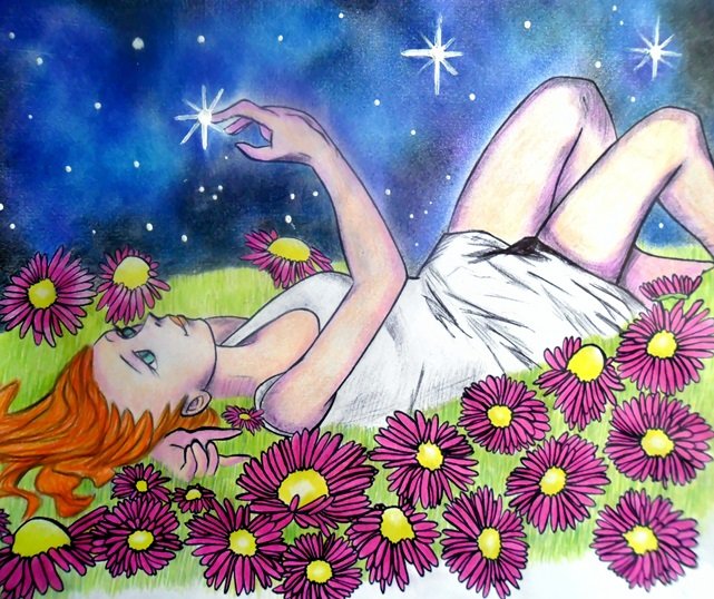 аниме. нарисуй девушку звезду. небо звезды акварель. нарисуй девушку звезду. девушка и звездное небо.