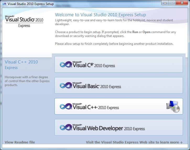 Run setup. Microsoft Visual 2010 Express. Visual Studio 2010. Express settings Windows.