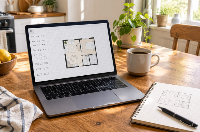 A laptop on a kitchen table showing a floor plan editor, next to a hand-sketched plan and a coffee
