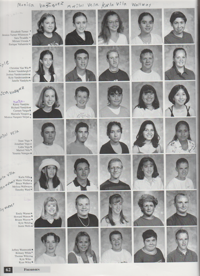 2000-2001 FGHS Yearbook Page 62 Kyle Vanderzanden, Richard Vandyke, Monica Verjan, Karla Villa, Melissa Wallway, Emily Warner, Briana Weaver, Kyle Welch, Jeff Wentsworth, Ryan Wiley.png