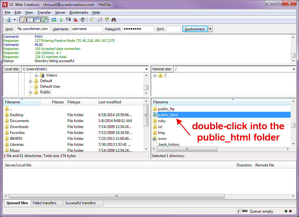 FILEZILLA client. Folder html. Public_html.