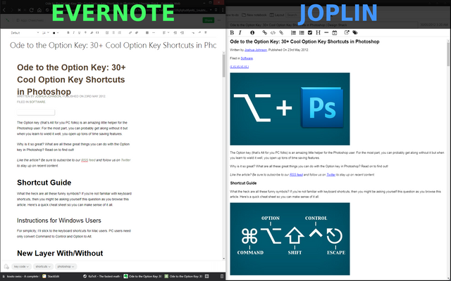 Simple comparison Evernote vs. Joplin. The same full-site copy created with Evernote's Web Clipper then imported to Joplin. Evernote can't even show it correct in its viewer.