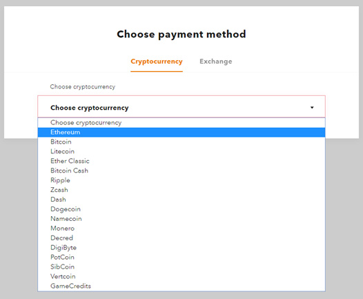 Choose exchange. Choose your payment method. Choose payment method.