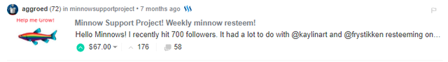 bragging about being the 1st minnow resteem winner