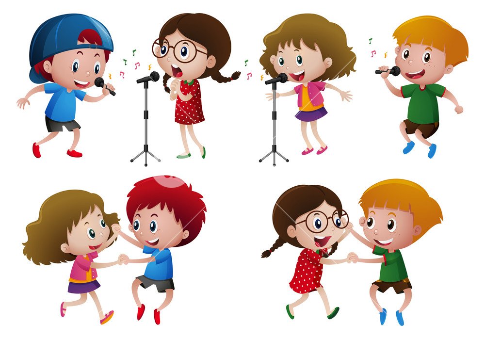Пою и танцую меньше. Мальчик и девочка поют. Дети поют и танцуют. Девочка пела и танцевала. Танцующие и Поющие дети в рисунке.