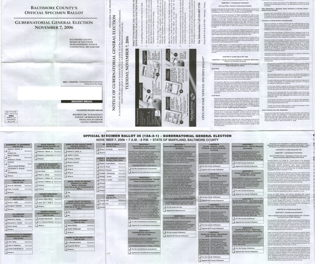 Ballot for 2006 Election in Baltimore County, MD